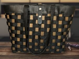 Large To-Go Tote, Woven Wood & Nylon with Leather Handle & Liner, by Longaberger                         Large To-Go Tote, Woven Wood & Nylon with Leather Handle & Liner, by Longaberger