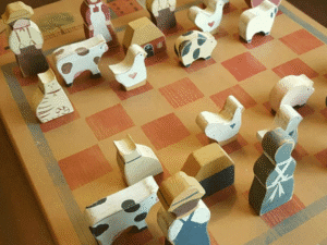 Vintage Folk Art Wood Checkerboard and Chessboard with Game Pieces, Hand-Painted & Handmade                         Vintage Folk Art Wood Checkerboard and Chessboard with Game Pieces, Hand-Painted & Handmade