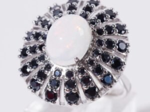 Vintage Sterling Silver Opal & Sapphire Sunburst Cocktail Ring, Mid-Century                         Vintage Sterling Silver Opal & Sapphire Sunburst Cocktail Ring, Mid-Century